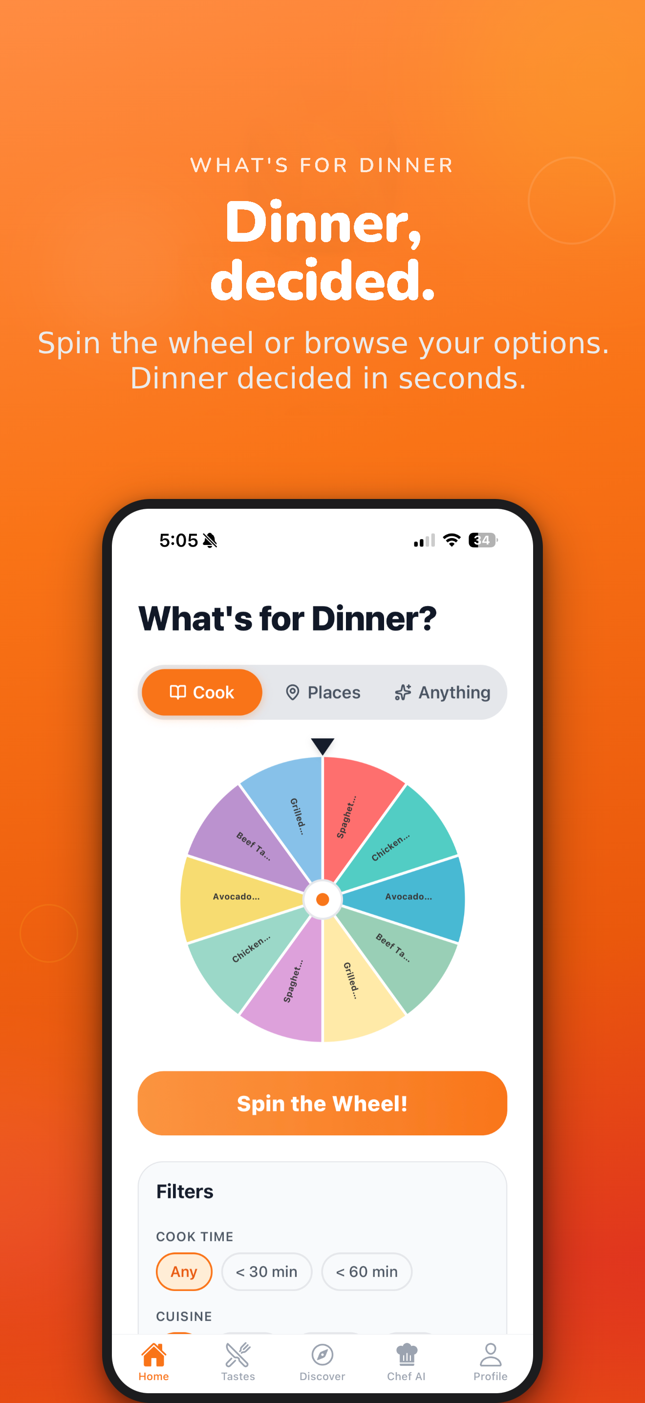 WhatsForDinner app — spin the wheel to decide dinner